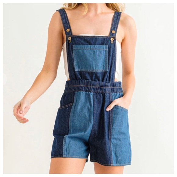 14 Retro Denim Color Block Suspender Romper - Picture 6 of 6